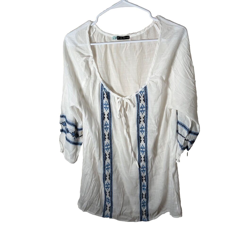 Fang Blouse Women's XL Round Neck Embroidered Tie 3/4 Sleeve Boho Top Shirt